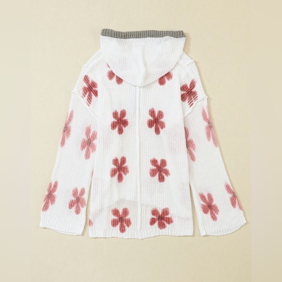 Floral Knit Hooded Sweater - White and Pink - Picture 10 of 16